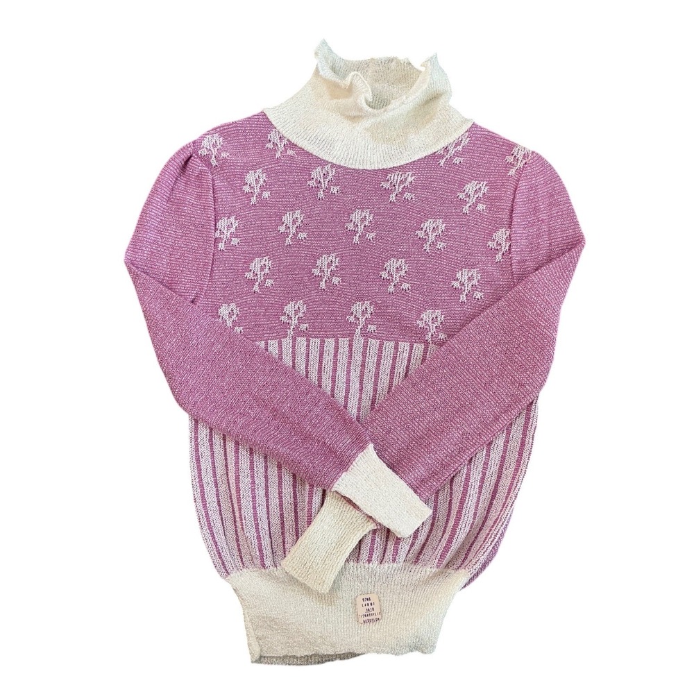 Vintage demure Large Pink White Metallic Knit Turtleneck Sweater Ruffle Neck